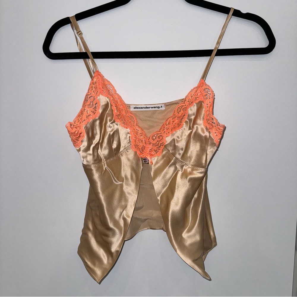 Alexander Wang T 100% Silk Cam w Lace Trim XS never worn Champagne w orange trim